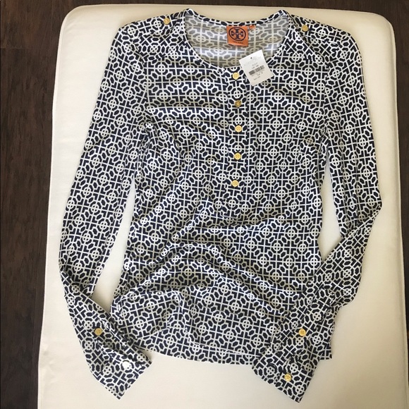 Tory Burch Tops - Tory Burch Navy & White Geometric Logo Blouse